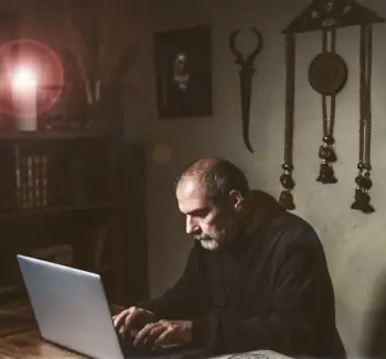 A middle-aged man wearing a dark hoodie, hunched over a laptop on a wooden desk. There is a candle on a shelf nearby, and various old artifacts hanging on the wall.