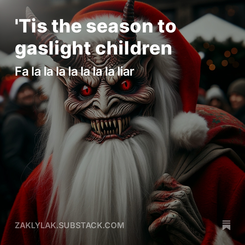 A devil figure in a Santa Claus hat