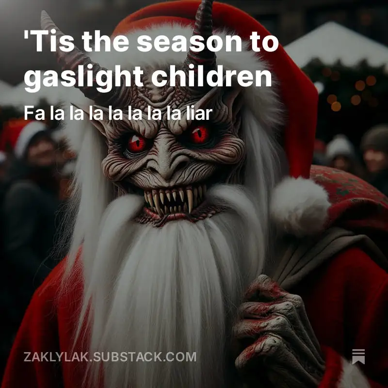A devil figure in a Santa Claus hat