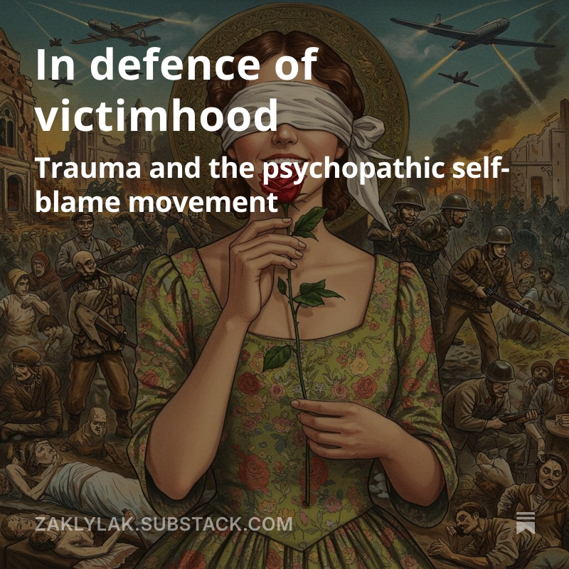 A woman wearing a blindfold smells a red rose, all around is chaos and war.