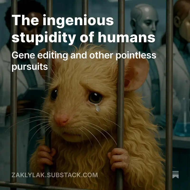 A genetically modified woolly mouse, trapped in a laboratory cage, crying.