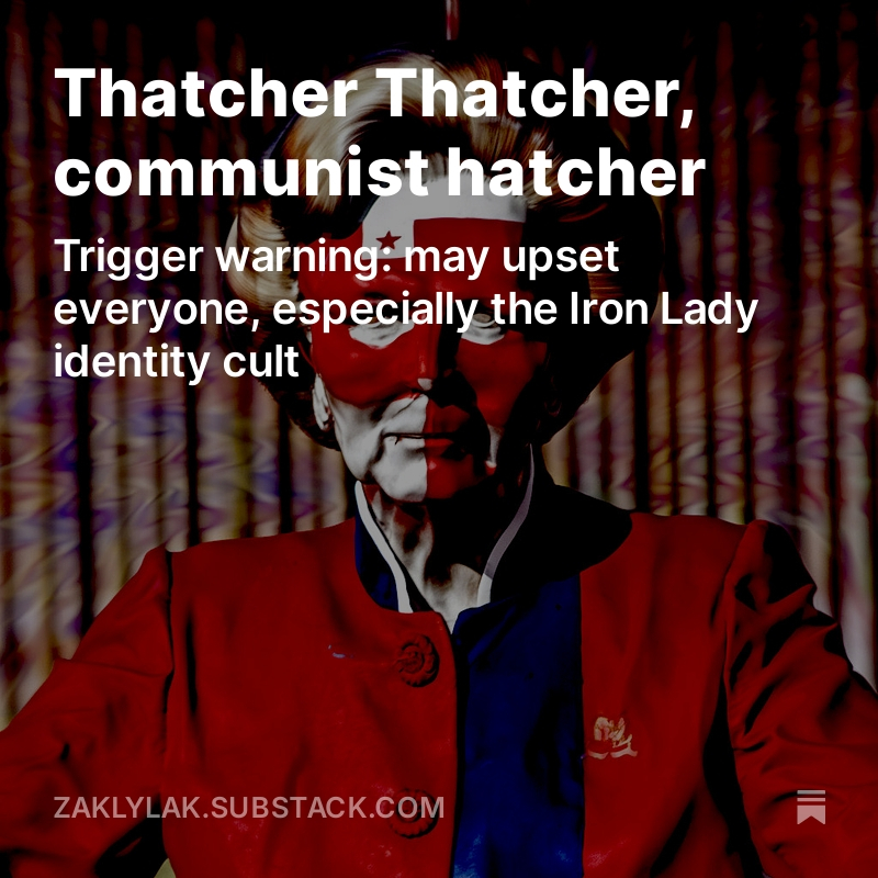 A representation of Margaret Hilda Thatcher with face painted red and white, with a red five-pointed star.