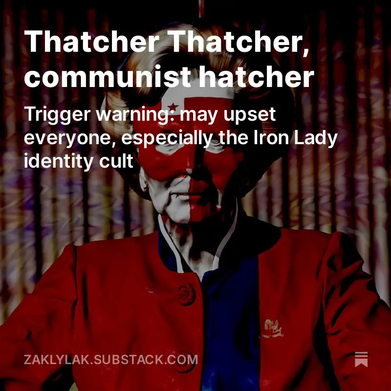 A representation of Margaret Hilda Thatcher with face painted red and white, with a red five-pointed star.