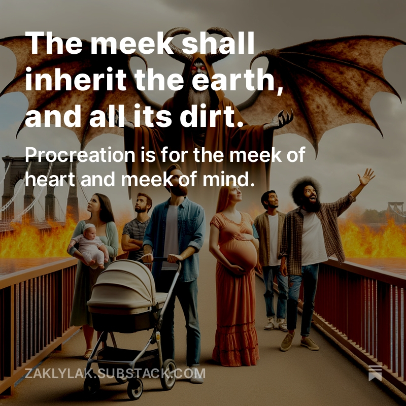 A group of people with their children, out for a walk. A winged demon looms large behind them.